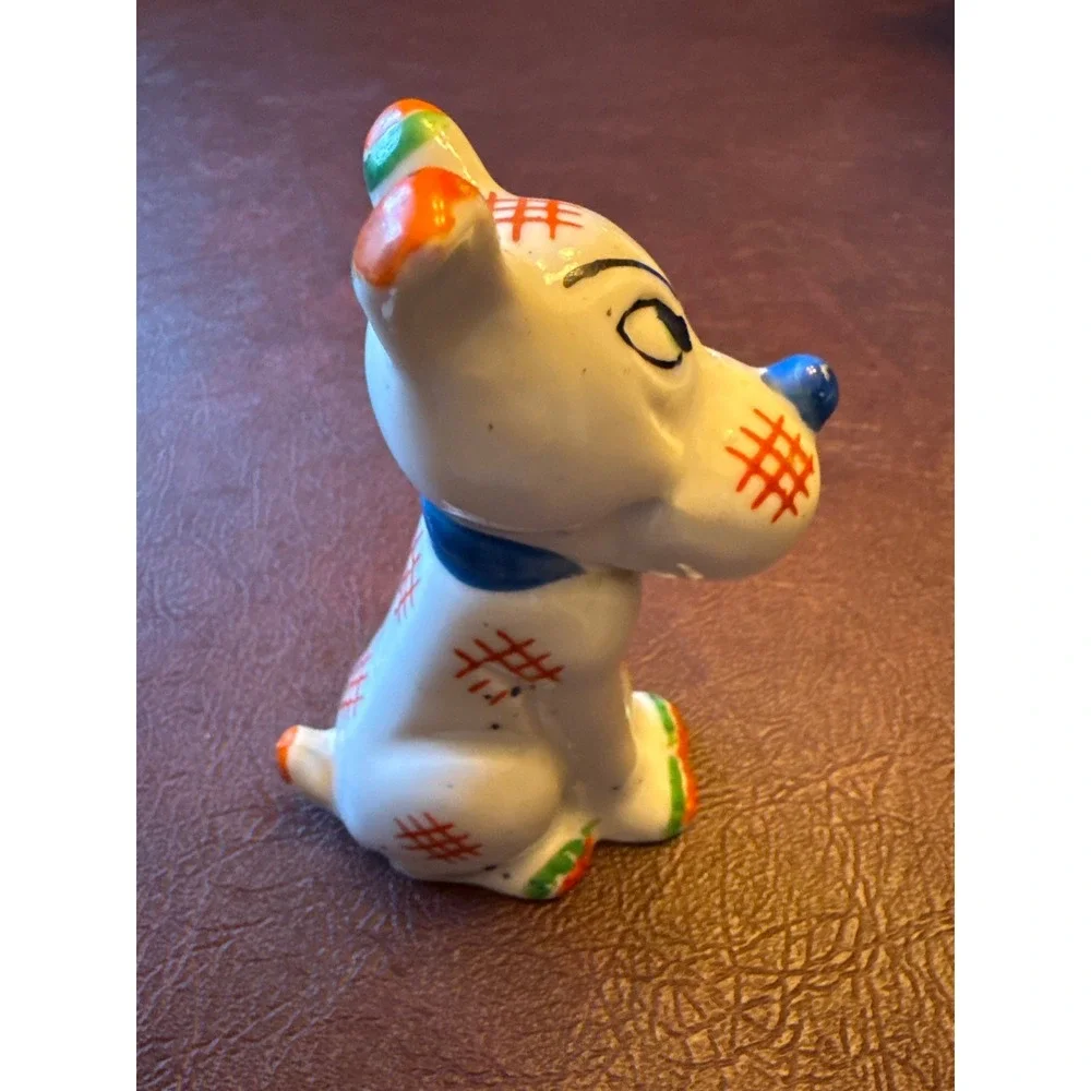 Vintage Hand Painted Japan Porcelain Dog Figurine Blue Bow Tie Patch Detail